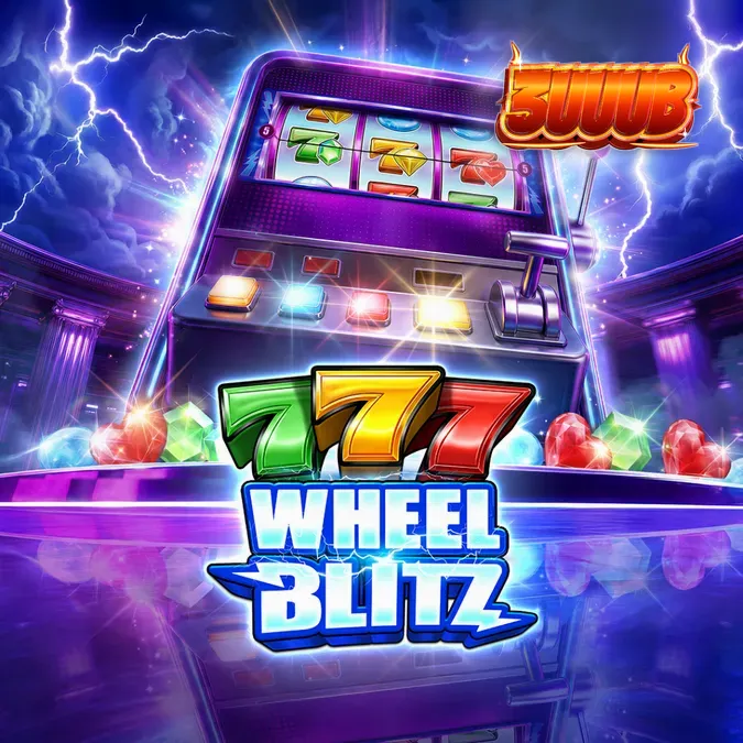 Tampilan antarmuka mesin slot 777 Wheel Blitz dengan simbol permata dan roda bonus.